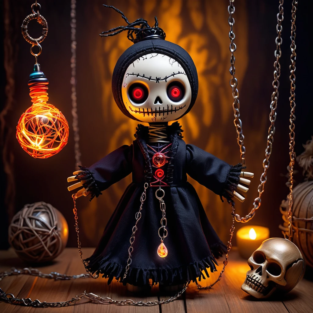 (knitted toy voodoo doll:1.5), (Voodoo Soul Catcher:1.3), (Clothing: dark robes with soul patterns:1.0), (Accessories: enchanted soul orb, glowing chains, magical soul amulet:1.2), (background: eerie soul realm with floating souls, glowing pathways, and mystical energy:1.2), best quality, masterpiece, detailed soft oil painting, detailed background, dramatic cinematic lighting, soft edge lighting, professional, dramatic lighting, hard edge lighting, ultra quality, 4k, masterpiece, best quality, 8k, ultra high definition, high resolution, extremely detailed