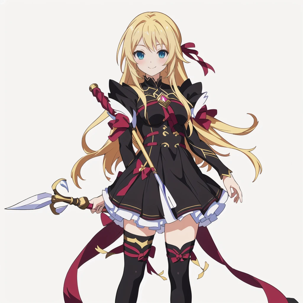 Highest quality, high resolution, High quality anime art style, Official Art, Smooth anime CG art, Stylized anime, Cute 3D anime girl render, Visual Novel Sprites, White background, whole body, Anime-style 3D, Smooth anime CG art, humanoid woman, JRPG Characters, Magical Girl Style, Anime woman in a black dress with maroon ribbon, Blonde, Long Hair, smile, In his right hand he holds a staff decorated with white feathers, Small Bust, Small breasts, 15 years old, 