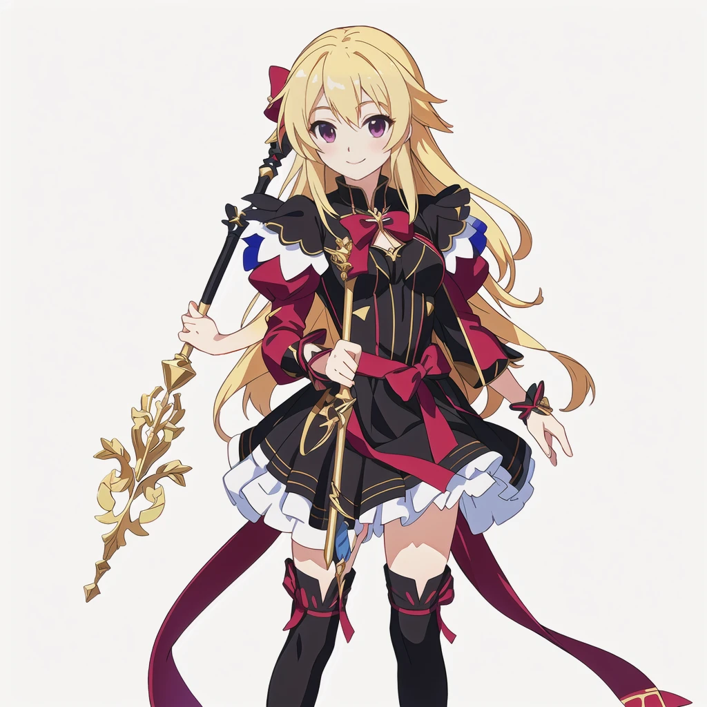 Highest quality, high resolution, High quality anime art style, Official Art, Smooth anime CG art, Stylized anime, Cute 3D anime girl render, Visual Novel Sprites, White background, whole body, Anime-style 3D, Smooth anime CG art, humanoid woman, JRPG Characters, Magical Girl Style, Anime woman in a black dress with maroon ribbon, Blonde, Long Hair, smile, In his right hand he holds a staff decorated with white feathers, Small Bust, Small breasts, 15 years old, 