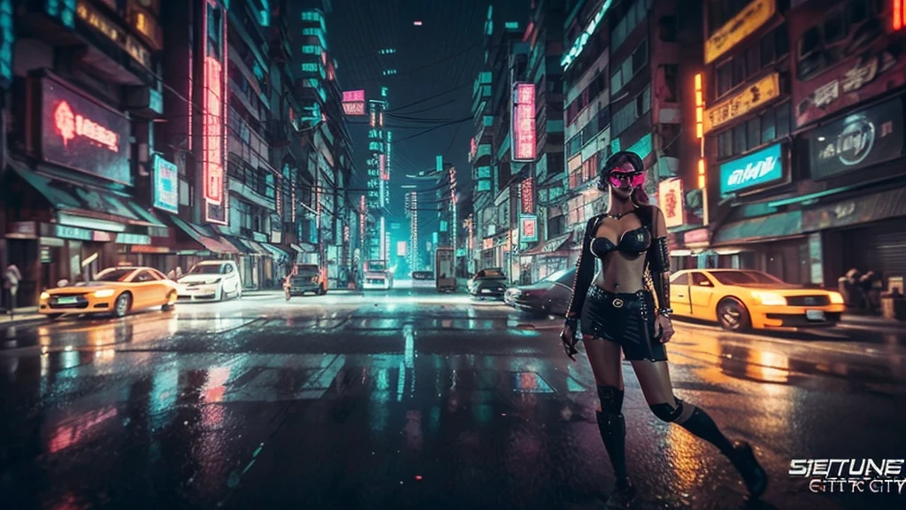 masterpiece, best quality, high resolution, 8k, (Portrait Photos:1.5), (R Original Photo), real picture, Digital Photography, (A fusion of cyberpunk and fantasy), 20 year old girl, solo, (((black sunglasses))), Feel free to hairstyle, Purple Eyes, By Bangs, (large breasts, cleavage, Accessories, Elegant and charming, Combination of cyberpunk and fantasy style clothing, Hollow carving design, Photo poses, Realistic style, oc render reflection texture, sentry, (((((Cyberpunk style future city))))), night, Bustling streets, (((((half-body (thigh level) medium shot))))), Medium distance photography