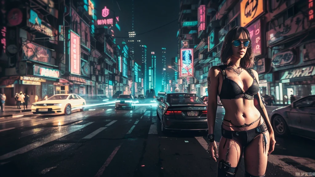 masterpiece, best quality, high resolution, 8k, (Portrait Photos:1.5), (R Original Photo), real picture, Digital Photography, (A fusion of cyberpunk and fantasy), 20 year old girl, solo, (((black sunglasses))), Feel free to hairstyle, Purple Eyes, By Bangs, (large breasts, cleavage, Accessories, Elegant and charming, Combination of cyberpunk and fantasy style clothing, Hollow carving design, Photo poses, Realistic style, oc render reflection texture, sentry, (((((Cyberpunk style future city))))), night, Bustling streets, (((((half-body (thigh level) medium shot))))), Medium distance photography