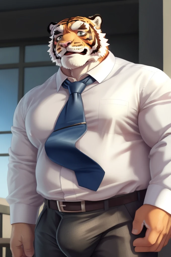 Author: bontiage, (1 boy), One, tiger, big bulge crotch, boner, pants, (sweat:1.5), long sleeve plain shirt, necktie, Men's Second, kemono, hot body, muscle, Beautiful, sexual, Attractive guy, (Detailed black eyes), brows, (masterpiece, A high resolution, Best quality), 4K, a male, Beautiful shadow, (red cheek:1.5)