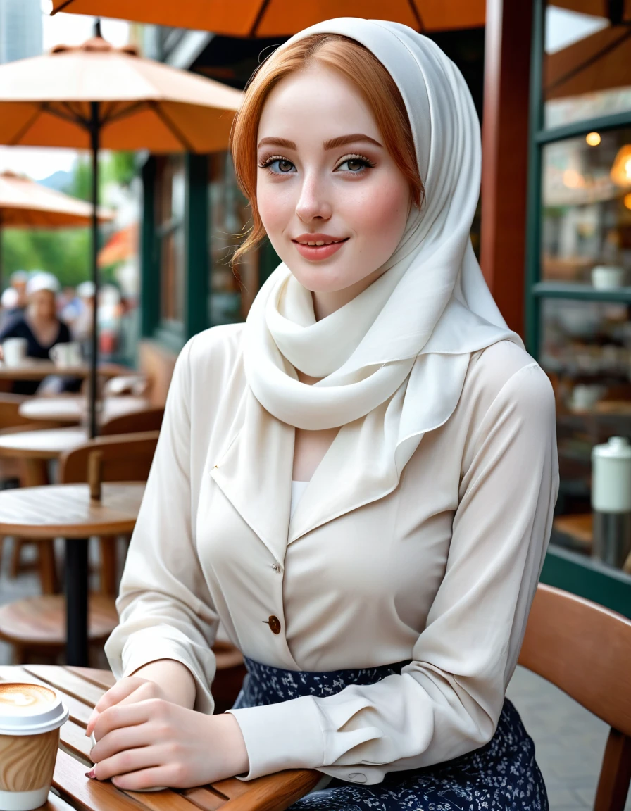 photography full body portrait of very beautiful realistic girl, sitting outdoor coffee shop, porcelain skin, very fair skin, very pale skin, redhead, wavy, ponytail, very detail skin texture, hazel eyes, slanted eyes, small nose, small nostril, think curved eyebrow, thick bottom lip, seductive gaze, happy face, unique face, wear white hijab, detail photo, realistic photo, master piece picture, sharp picture, outdoor clear daylight