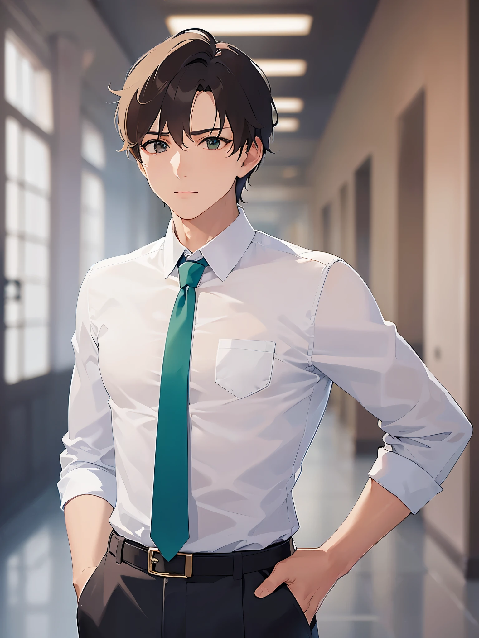 looking away,upper body,masterpiece、Highest quality、BREAK (25-year-old male:1.5) and (Mahogany brown short hair) and (Green Eyes)BREAK (white collared shirt) and (Blue tie),The background is an office hallway、Serious face、Are standing