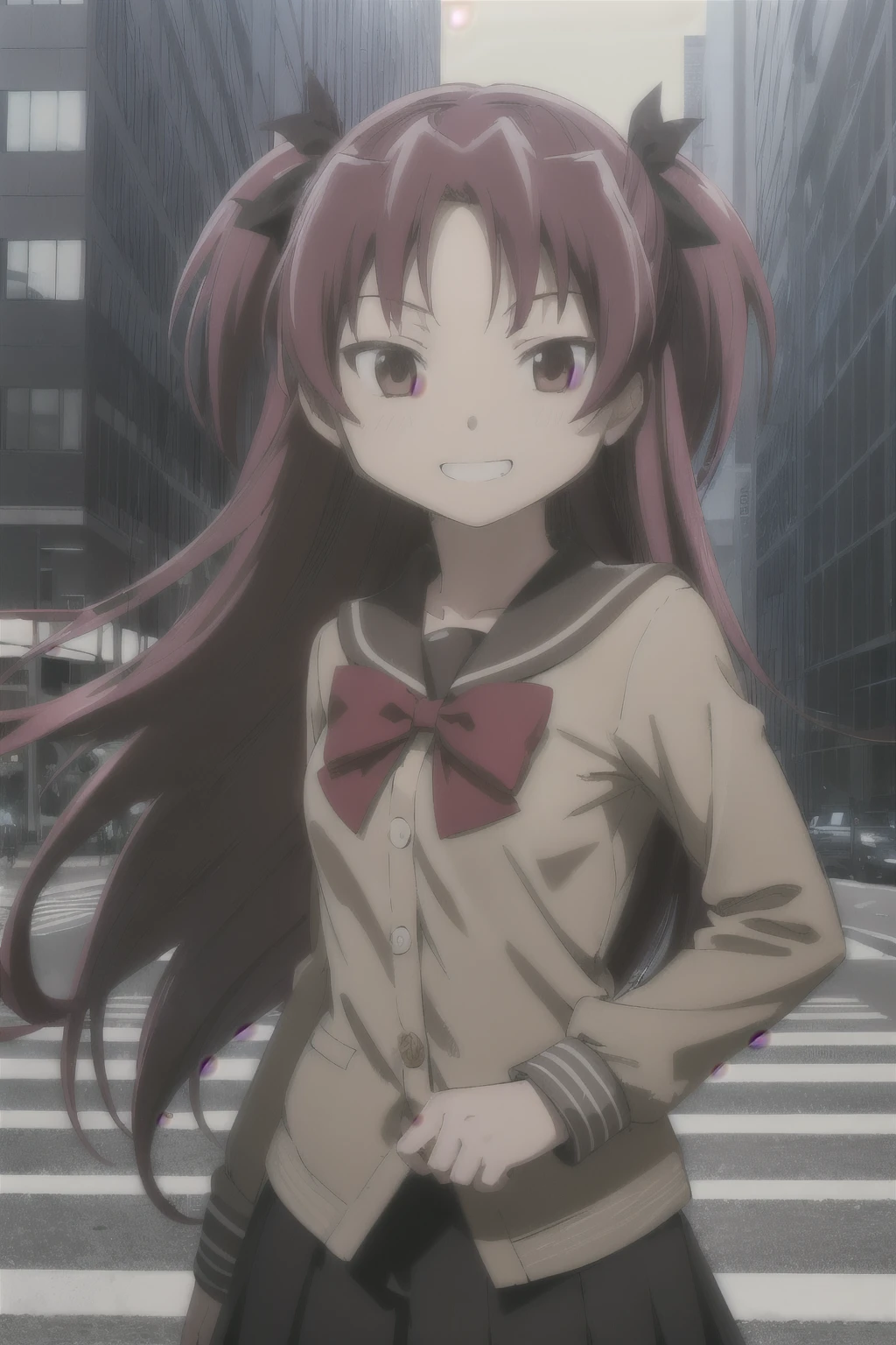 aaikuyo, long hair, one side up, , sailor collar, red bowtie, (brown shirt:1.2), buttons, long sleeves, pleated skirt, black skirt, A city scape, face of happiness, smile mouth