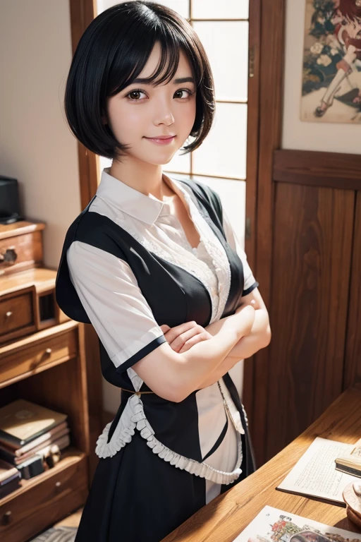 1 woman,short hair,black hair,Droopy eyes,Single,thick eyebrows,pov face,24-years-old,Type A,hood friend,japanese,smile,Shining eyes,Cross your arms,Pretty Cure Cosplay,{Hairy pubic hair},{huge public hair},standing,Break masterpiece masterpiece masterpiece,best quality best quality best quality,super fine illustration,8K,8K quality,super detailed,beautiful background,detailed background,law angle,Break my room,Otaku's Room,