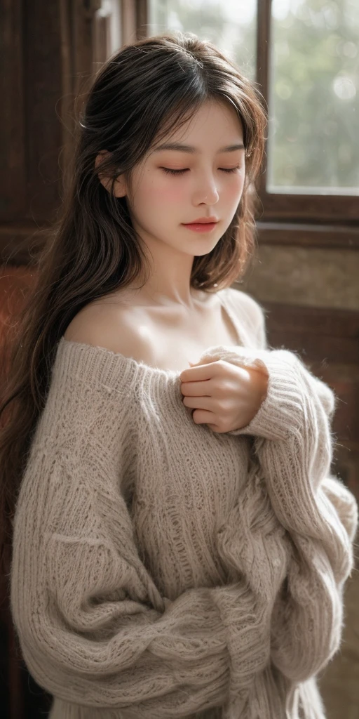 (best quality, masterpiece, extremely detailed, high depth of field, film tone, intricate descriptive details, 8K), The girl has a serene expression, her eyes closed in contentment, while the cat nestles comfortably in her arms, purring softly. The girl’s hair cascades down her shoulders, and she wears a cozy, soft sweater. The cat has a fluffy coat, with its eyes half-closed in relaxation. The background is softly lit, creating a warm and intimate atmosphere. The scene captures a tender moment, emphasizing the bond between the girl and her feline companion, This image is an extraordinarily complex and sophisticated masterpiece.