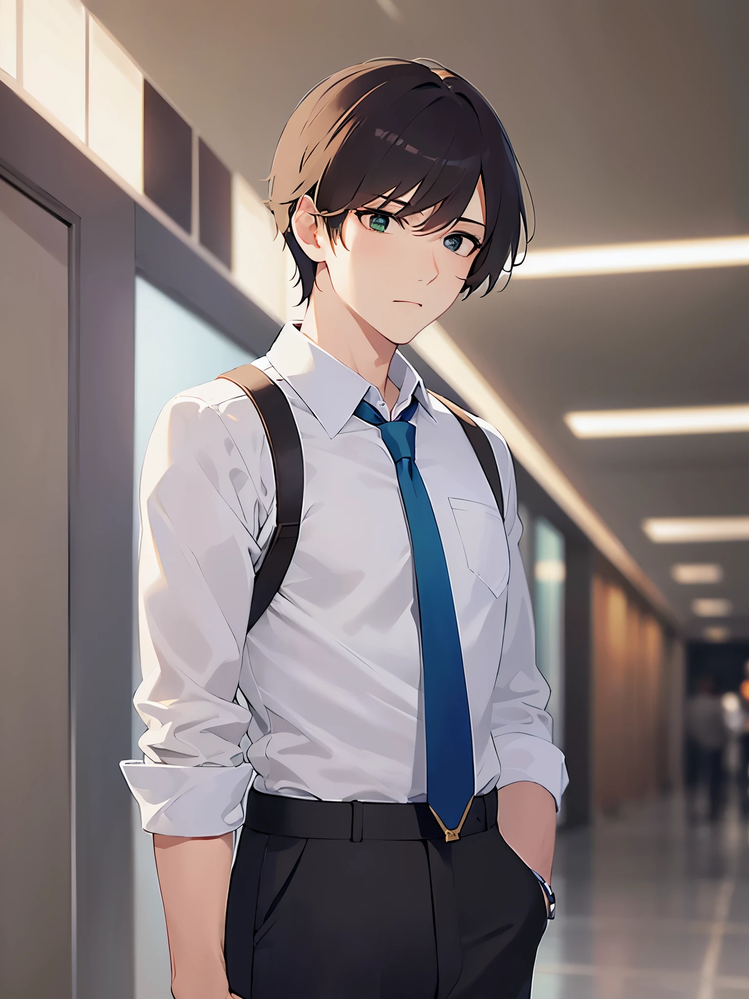 looking away,upper body,masterpiece、Highest quality、BREAK (25-year-old male:1.5) and (Mahogany brown short hair) and (Green Eyes)BREAK (white collared shirt) and (Blue tie),The background is an office hallway、Serious face、Are standing