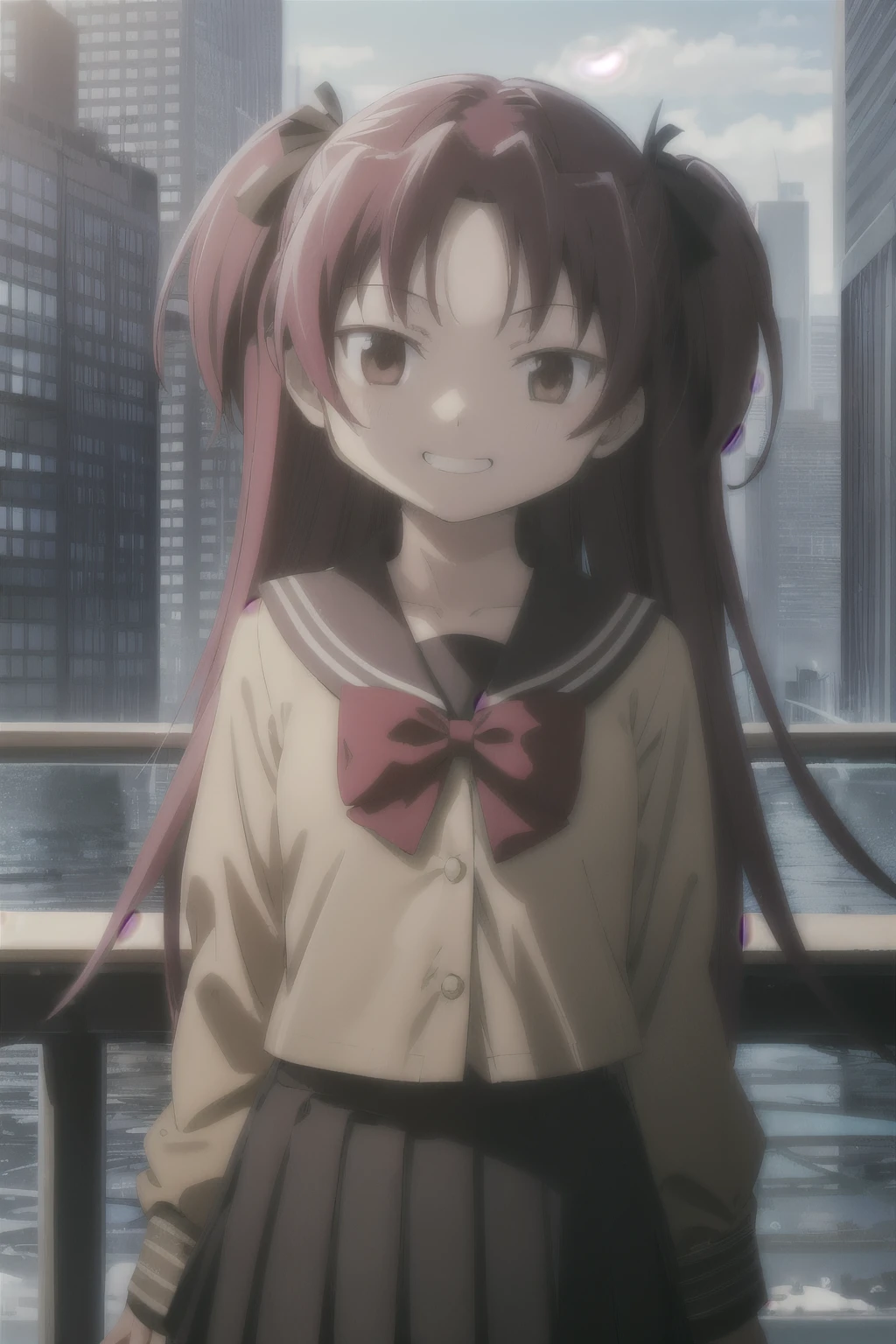 aaikuyo, long hair, one side up, , sailor collar, red bowtie, (brown shirt:1.2), buttons, long sleeves, pleated skirt, black skirt, A city scape, face of happiness, smile mouth