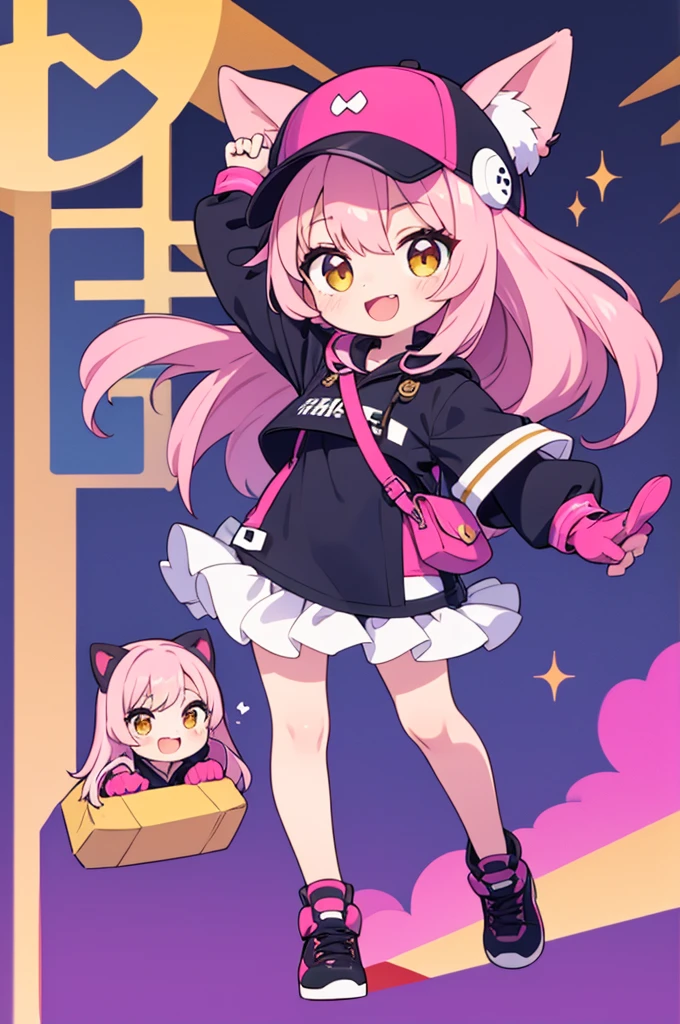 Highest quality,chibi,Pink semi-long,Hair,Black leather clothing,semi-long,Full body front view,Character portrait,Golden eyes,Boxing gloves,Background white,big mouth,smile