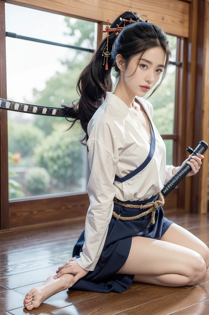 (((best quality))),(((ultra detailed))),(((masterpiece))),illustration,1girl,solo,short ponytail,slim,thin,small breasts,flat chest,white collar,white kendogi,three-quarter sleeves,maxi navy-blue kendo hakama,slender legs,standing in kendodo gym,(holding a wooden samurai katana in hand:1.3),arms behind back,focused and determined expression,ready for challenge,slender and elegant face,confident and resilient,fair skin,blush,neat teeth,bright smile,clean and tidy uniform,wooden gym floor,wall,pine scent,standard grip,ready to slice through obstacles,strong belief,determination,spirit of resilience,admiring,from front,full body,bare feet