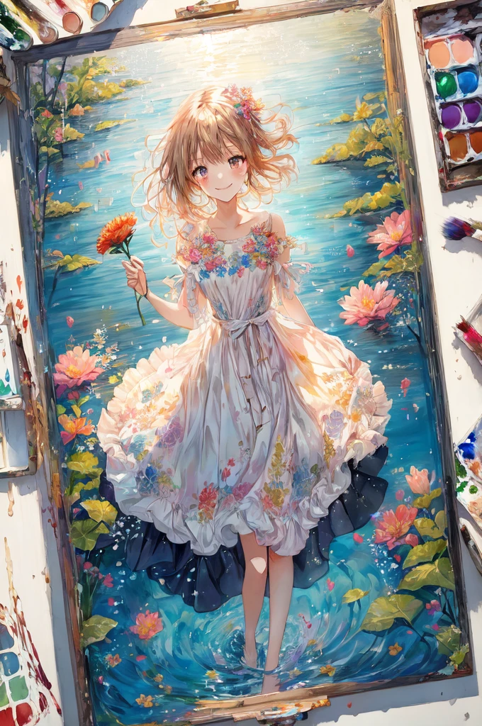 painting of a smiling girl in a dress holding a flower in her hand, beautiful anime artwork, beautiful anime art, splash art anime loli, detailed painting 4 k, anime painting, detailed anime art, detailed anime artwork, beautiful anime art style, anime art wallpaper 4 k, anime art wallpaper 4k, beautiful character painting, loli in dress, clean detailed anime art