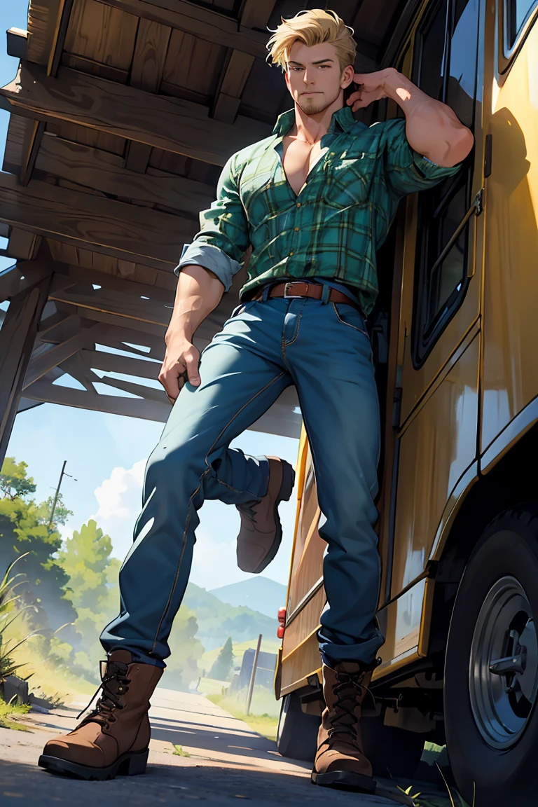 (masterpiece:1.2), (best quality), (ultra detailed), (8k, 4k, intricate),(full-body-shot:1), (highly detailed:1.2),(detailed face:1.2), (detailed background),detailed landscape, (dynamic angle:1.2), (dynamic pose:1.2), a caucasian male wearing country clothing that stands at 6'1"ft, 180lbs.
Has a medium build with a bit of muscle, shaggy blonde hair, emerald blue green eyes, a bit of stubble.
And mostly dresses up in casual attire, red or blue plaid shirt, baggy jeans, old work boots.