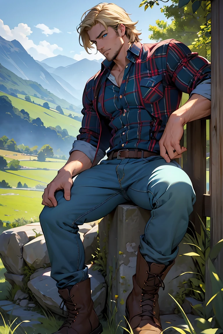 (masterpiece:1.2), (best quality), (ultra detailed), (8k, 4k, intricate),(full-body-shot:1), (highly detailed:1.2),(detailed face:1.2), (detailed background),detailed landscape, (dynamic angle:1.2), (dynamic pose:1.2), a caucasian male wearing country clothing that stands at 6'1"ft, 180lbs.
Has a medium build with a bit of muscle, shaggy blonde hair, emerald blue green eyes, a bit of stubble.
And mostly dresses up in casual attire, red or blue plaid shirt, baggy jeans, old work boots.