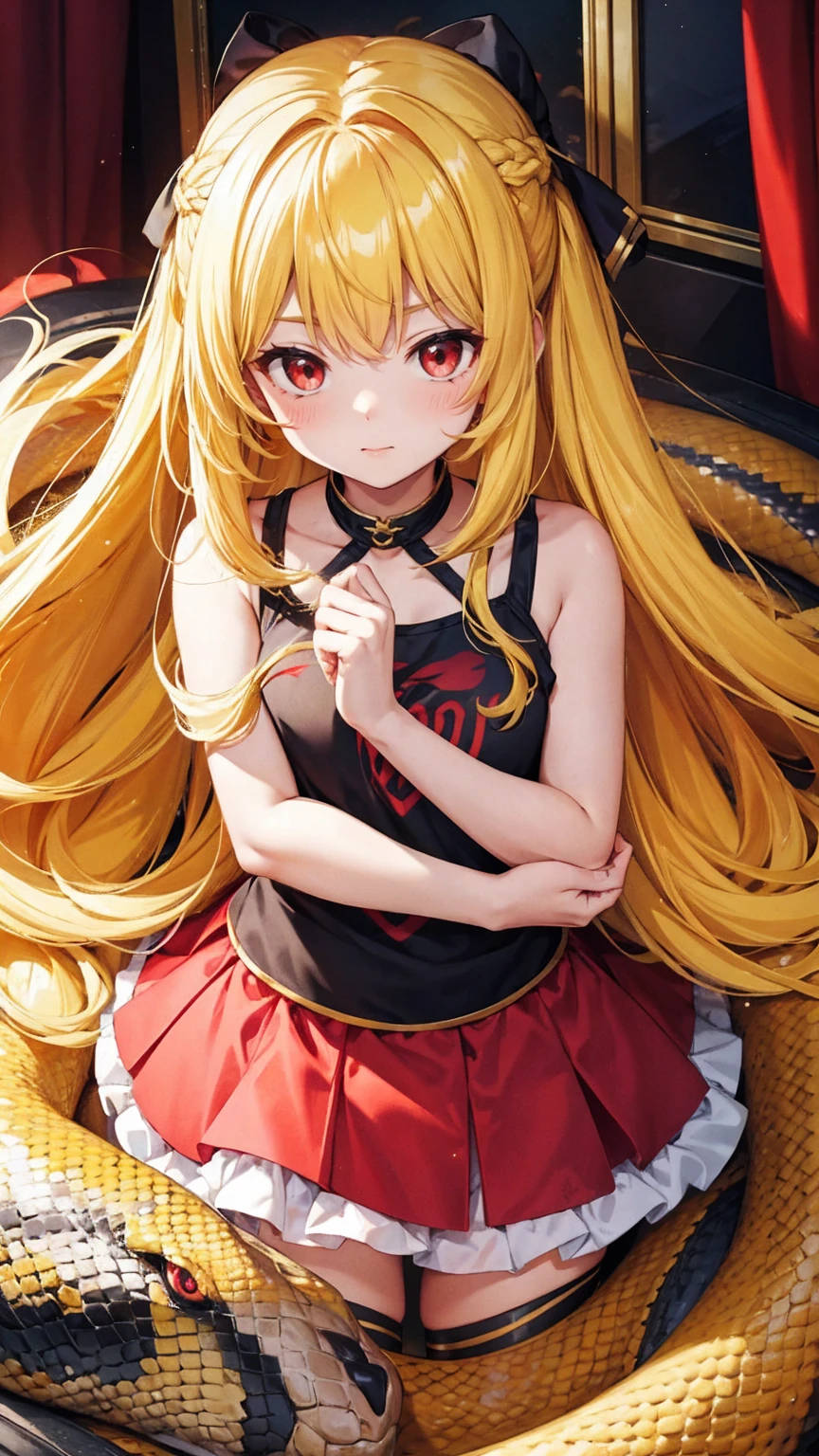 -yeld giTank top、mini skirt、Yellow Hair、Fluffy long hair、Red eyes、Snake-like eyes、Luxurious and bright dresses、