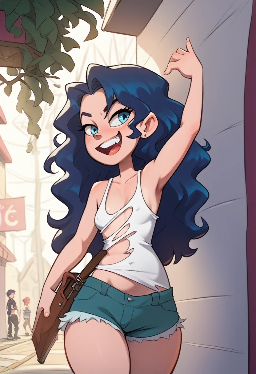 j4bc0m1x style, j4b_ap, a curvy blue-eyed girl with long wavy black hair, small breasts, nudity, torn tanktop, tits out, mischievous 