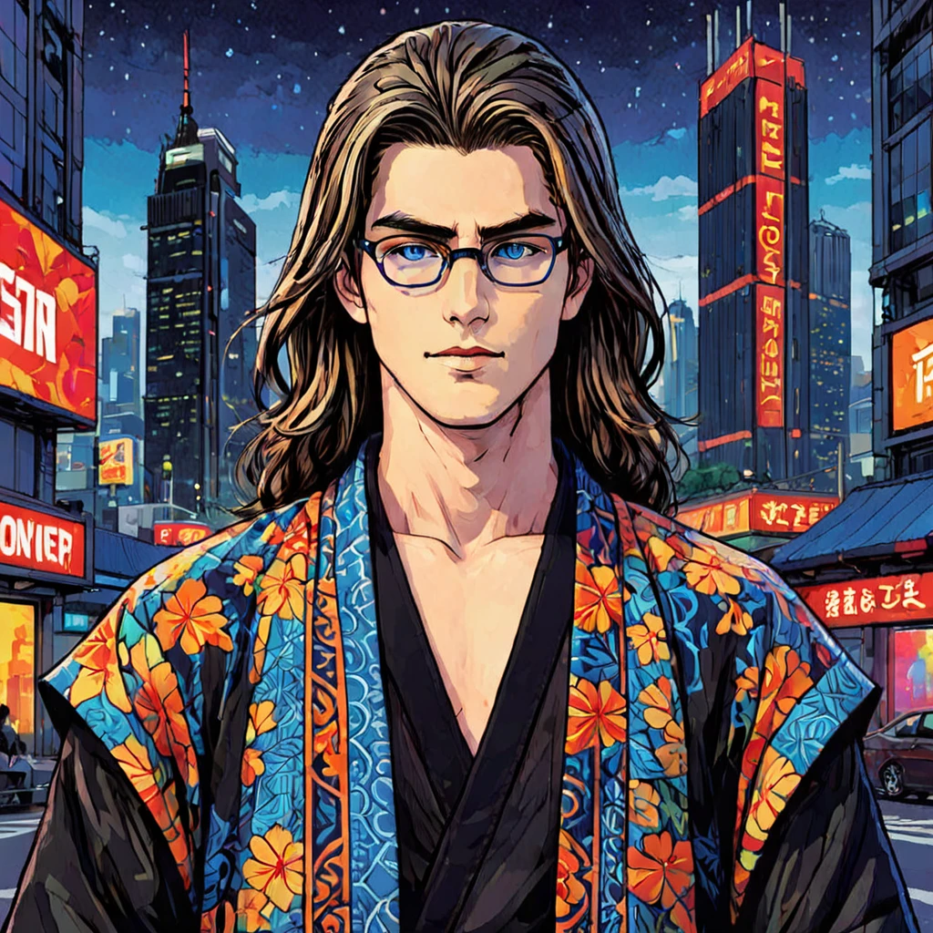 A manga-style illustration featuring a young man with long, flowing hair and bright blue eyes. He is wearing a black kimono with bold geometric patterns. The background is a vibrant cityscape with towering skyscrapers and neon lights. The thick impasto technique creates texture and depth in the illustration, with bold graphic lines defining the man's features and the intricate details of her clothing. The colors are vivid and saturated, with reds, oranges, and yellows dominating the scene. The overall effect is dynamic and energetic, capturing the excitement and intensity of modern urban life, Wearing glasses, blonde hair