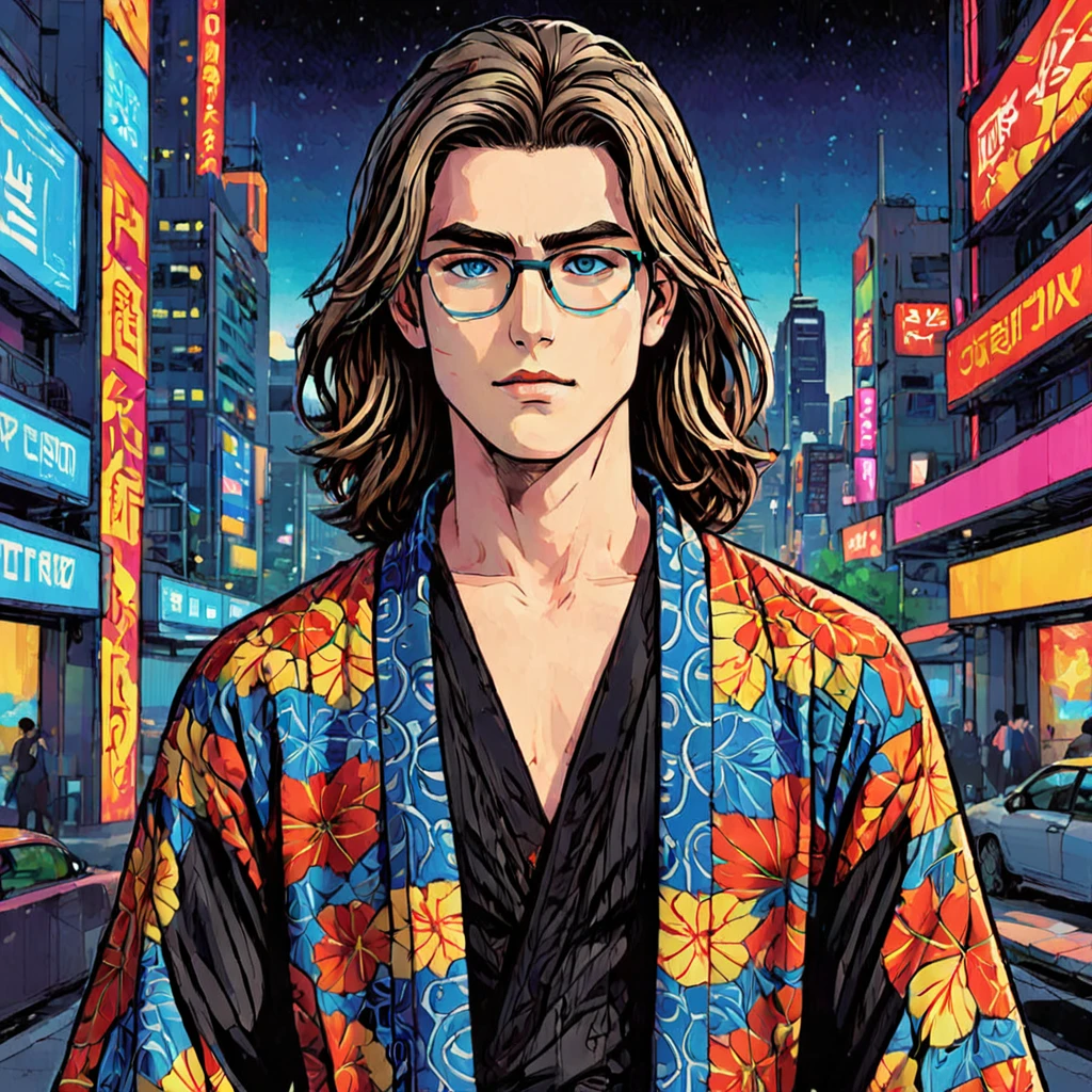 A manga-style illustration featuring a young man with long, flowing hair and bright blue eyes. He is wearing a black kimono with bold geometric patterns. The background is a vibrant cityscape with towering skyscrapers and neon lights. The thick impasto technique creates texture and depth in the illustration, with bold graphic lines defining the man's features and the intricate details of her clothing. The colors are vivid and saturated, with reds, oranges, and yellows dominating the scene. The overall effect is dynamic and energetic, capturing the excitement and intensity of modern urban life, Wearing glasses, blonde hair