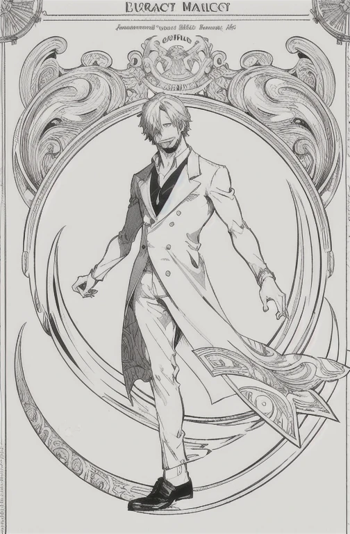 European man's portrait, full body picture, handsome man, straight short hair covering half his face, curly eyebrow, sanji, attractive, blonde, romantic frame, decorative panel. abstract, elegant beauty, gentle, kind, sweet, wearing suit, smoking cigarette, smoking, black suit, side on, smiling, happy, 
Art by Alphonse Mucha, sketch, character lines and scenes without colors and shadows.
(Masterpiece, Best Quality, Highres:1.4), Detailed, Intricate Details, 4K, color splashes, line art, fibonacci,  Sanji, sanjiop, sanji2, new, new style, side view, 