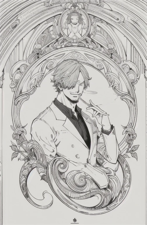 European man's portrait, full body picture, handsome man, straight short hair covering half his face, curly eyebrow, sanji, attractive, blonde, romantic frame, decorative panel. abstract, elegant beauty, gentle, kind, sweet, wearing suit, smoking cigarette, smoking, black suit, side on, smiling, happy, 
Art by Alphonse Mucha, sketch, character lines and scenes without colors and shadows.
(Masterpiece, Best Quality, Highres:1.4), Detailed, Intricate Details, 4K, color splashes, line art, fibonacci,  Sanji, sanjiop, sanji2, new, new style, side view, 