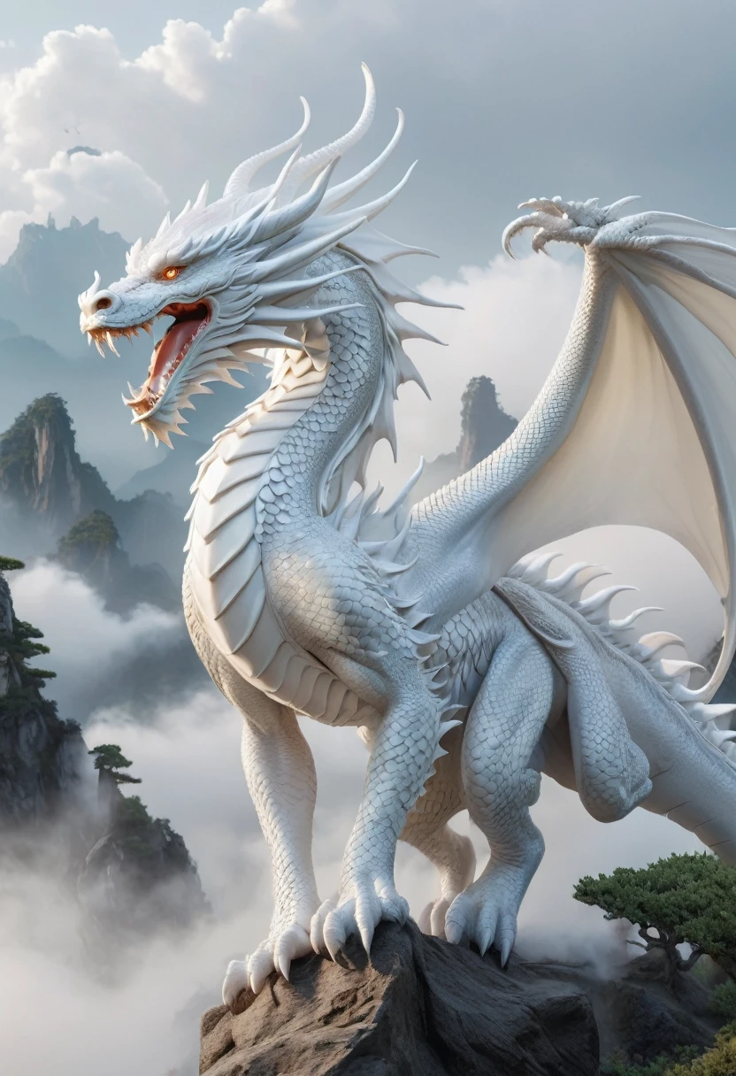 (Highest quality,4K,High resolution,masterpiece:1.2),Super detailed,Realistic:1.37,Chinese White Dragon,Exquisitely detailed anatomy,Porcelain-like scales and skin,Graceful, curvaceous corners,Sharp, well-defined teeth and claws,A flowing and elegant mane,Sparkling and sharp eyes,A captivating and majestic presence,Hall々A strong and powerful figure,Fantastic and mysterious aura,Embodying strength and wisdom,A calm and gentle attitude,Stunning and intricate scale pattern,Perfect balance between limbs and wings,Background of swirling clouds and mist,A subtle white and grey colour palette,Subdued lighting accentuates the dragon&#39;s features,Meticulously crafted artistry and attention to detail,Influence of traditional Chinese art,Mythical and legendary creatures brought to life.Face facing forward