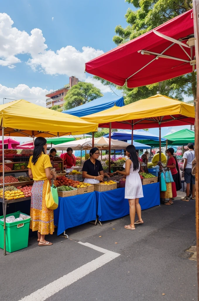 vibrant outdoor market with stalls selling clothes, food, and possibly cars nearby (economic goods) under a bright sunny sky (free goods). This setting shows people engaging in economic transactions while also enjoying the abundant and free air and sunlight.
