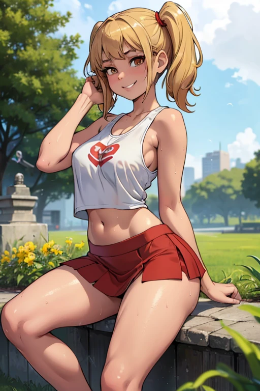 1 girl, small, (15 years old, she is 15 years old), blonde, two pigtails, big lips, big breasts, big thighs, (brown eyes), (wears a white, transparent tank top, very tight to her body , with a large neckline, she is wearing a T-shirt, you can see her belly, very wet), (she is wearing a mini skirt, very tight, very short, you can see her butt), (no bra, no panties), (barefoot, pretty feet), (red cheeks, evil smile, lascivious smile), (she is standing, spreading her legs wide, leaning forward), in the garden, summer evening