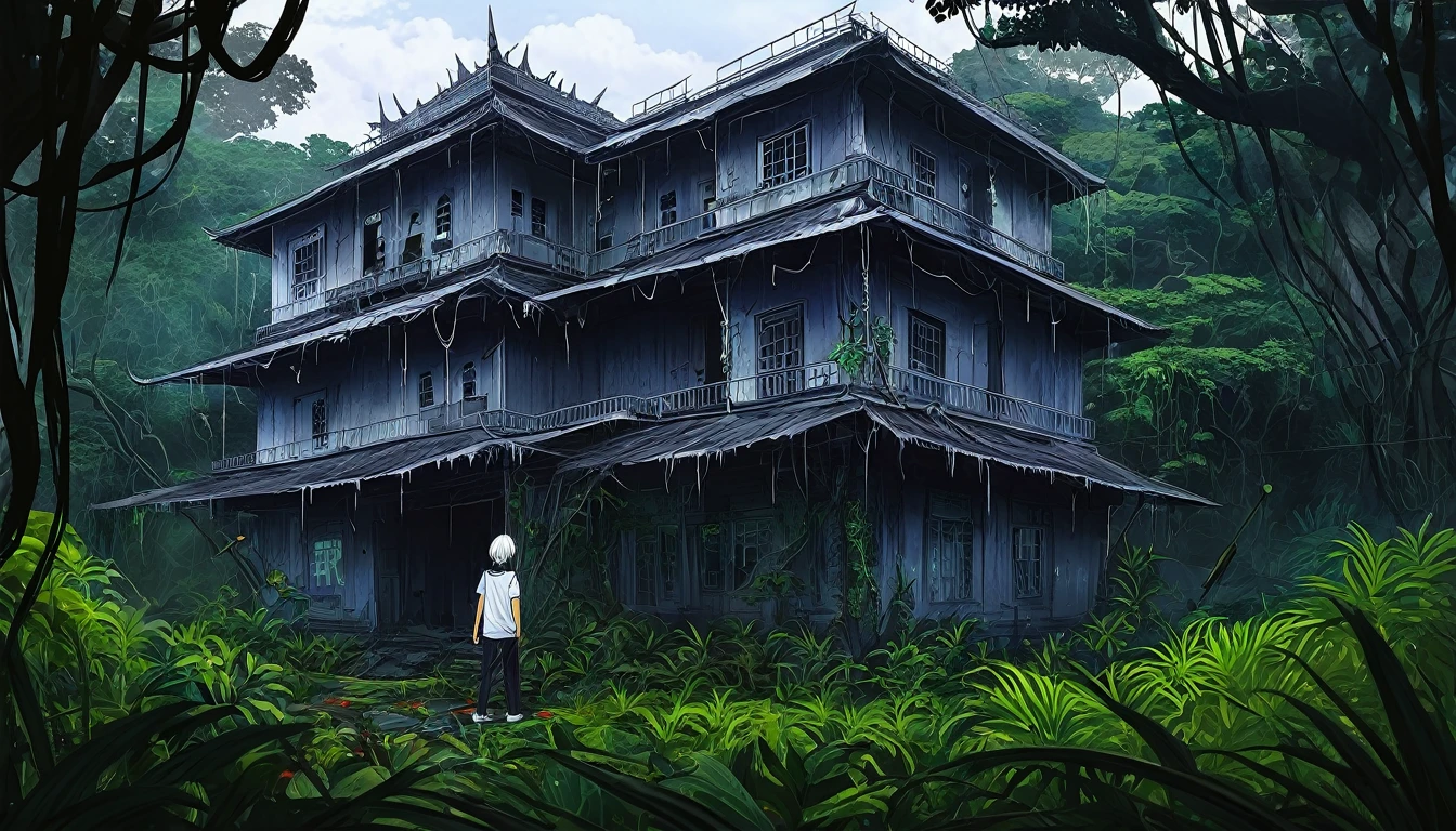 Young white hair stylist boy ayush(anime style) Ayush spent the entire night painting. He created a terrifying yet captivating picture of an old, dilapidated house in a menacing but attractive jungle.( Horror anime style)