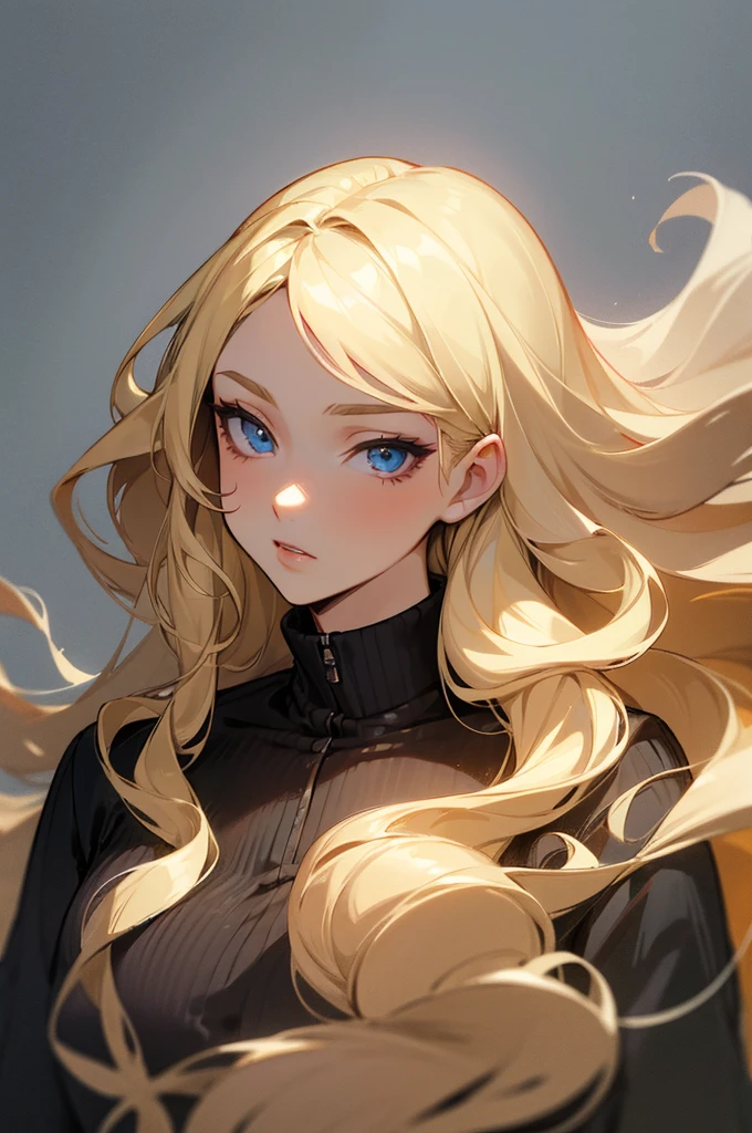 (masterpiece), best quality, expressive eyes, perfect face, blonde, femme, cold hearted, fem. soft colored clothing modern attire, mean, anime, mute, rotted personality, long wavy hair, adult, older woman, clean cut, idol, polished, very long and big hair, stunning,