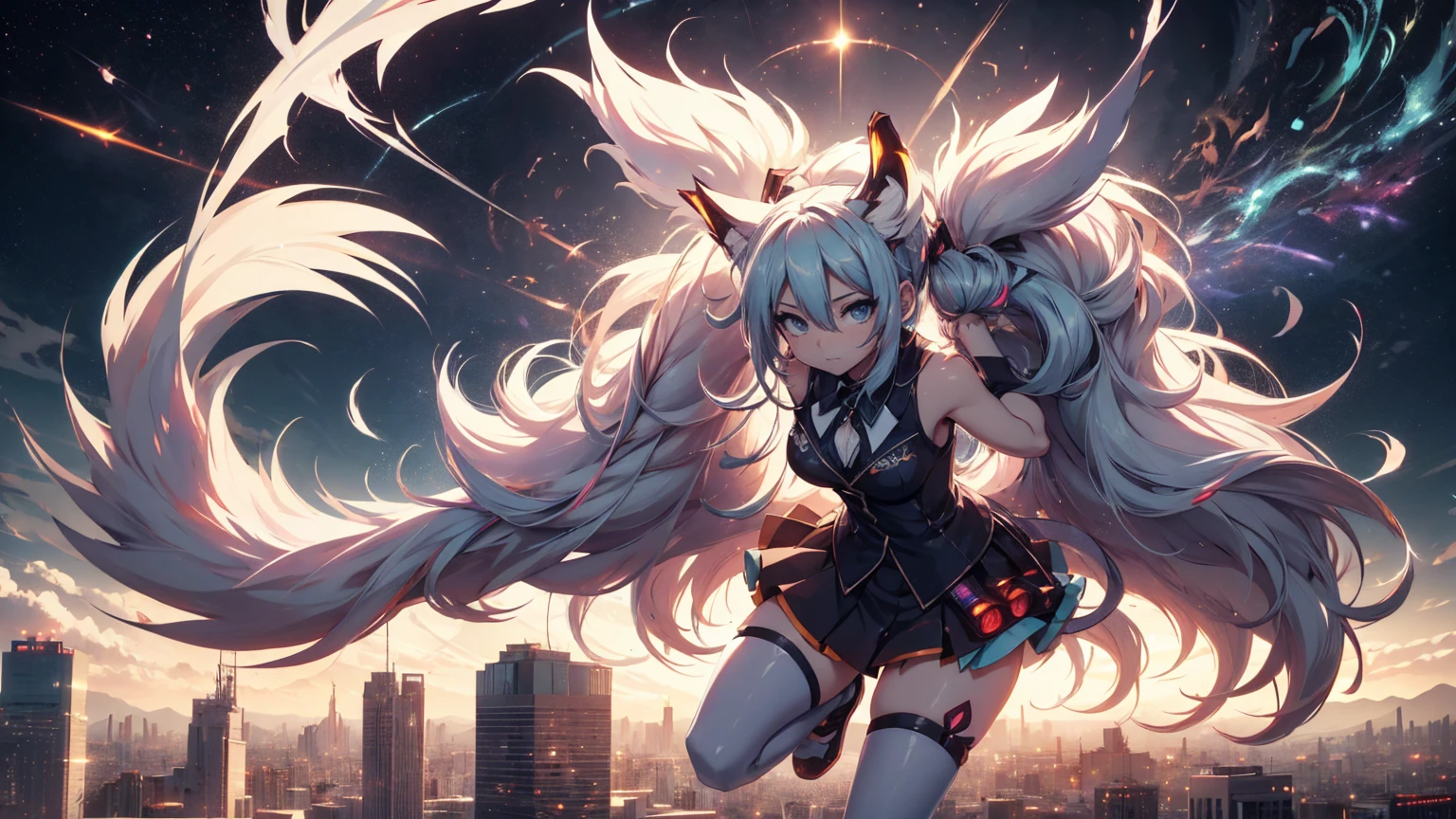 anime girl,tennage girl 18 years old, anime style, cute hatsune miku x white kitsune, shy girl , kitsune ears, dark natasha art, city landscape, art by vixen aztra, full body high definition in details the best image quality, add_detail:1  kitsune in hells add_detail:1,  volando desde el cielo observa una ciudad, apunto de diaparar un rayo solar con su brazo izquierdo add_detail:1, plasma beam atack