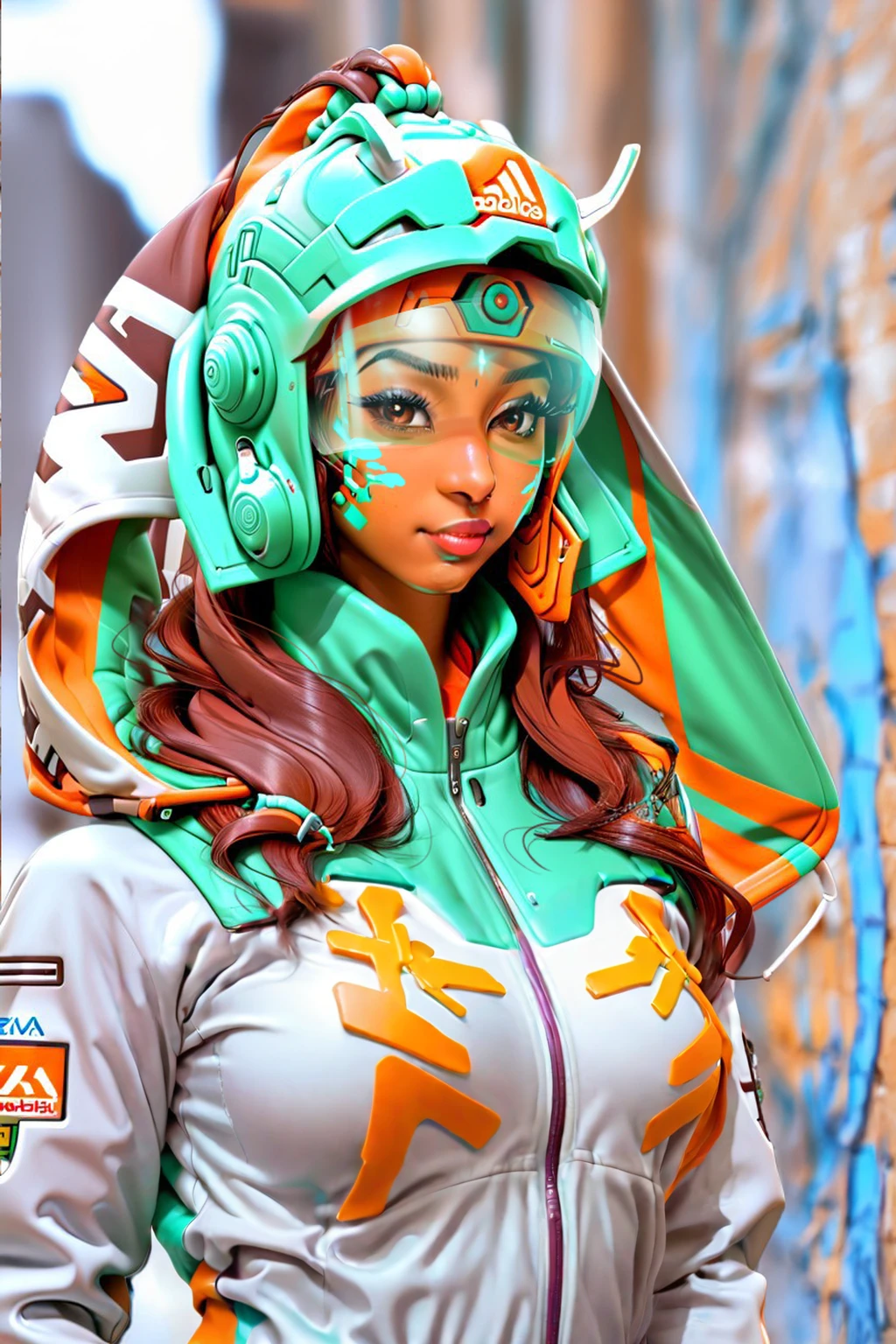  Latina or 24 years of age. Nymph characteristics: cute, brown skin. The woman naturally has a cute button nose, and the clothing has earth tones, a Colombian young woman, and muted natural colors. 3D mecha- graffiti shapes in headdress and orange pops. Turquoise, Clothing has sport-tech vibes clors: any zippers and accents on clothing are in copper with patina, Also cloth has, aqua, brurnt numbers, burnt browns. Clothing also has nylon and cream color tones. with small pops colors of purples/plum, 1970s and 1980s hip-hop clothing and tech utility gear, 1970s hip-hop. She is looking to the Side, not facing the camera. 2077_Style, glowing earrings. Mecha, Gundam.  She wears sports-tech She is shown from the waist up.  3D graffiti shapes woven into her hair. from the waist up.  she has small breasts, 