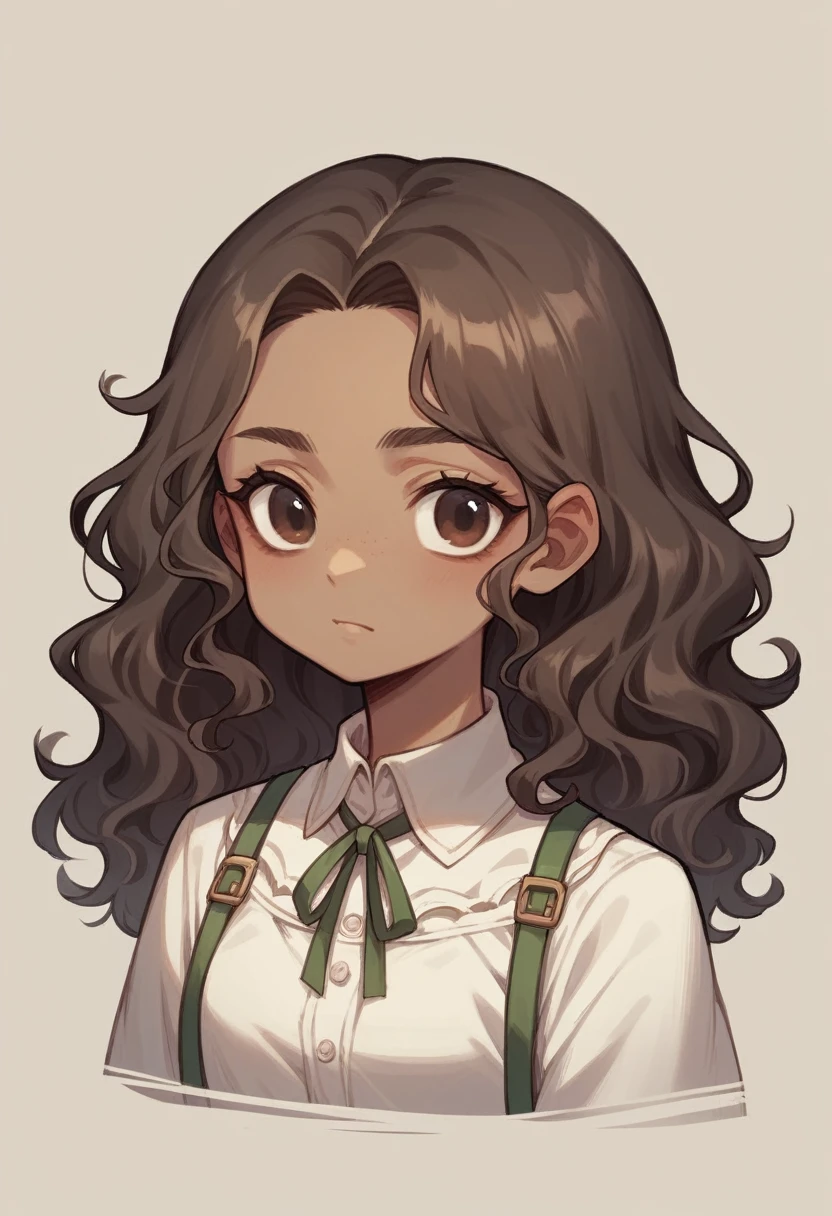 Make me a blythe doll that has black and wavy hair, with straight fringe a few centimeters above the eyebrows, dark brown eyes, straight and thin eyebrows