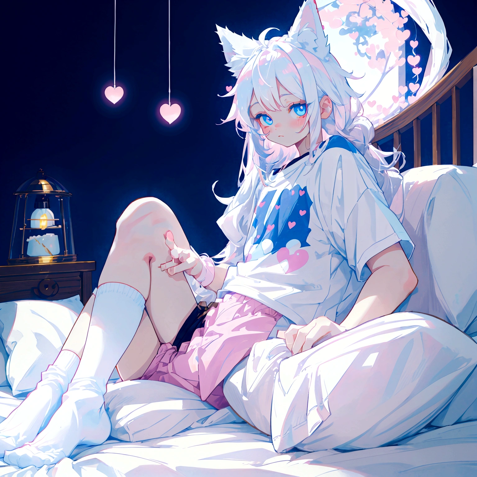 a cute adult male with wolf ears long white hair and a fluffy wolf tail, wearing pink micro shorts and a tight t-shirt with a heart logo on it, has glowing blue eyes, has very squishy thighs, wearing white thigh high socks, kawaii, on bed relaxing surrounded by plushies, solo, alone, (SOLO)(ALONE)