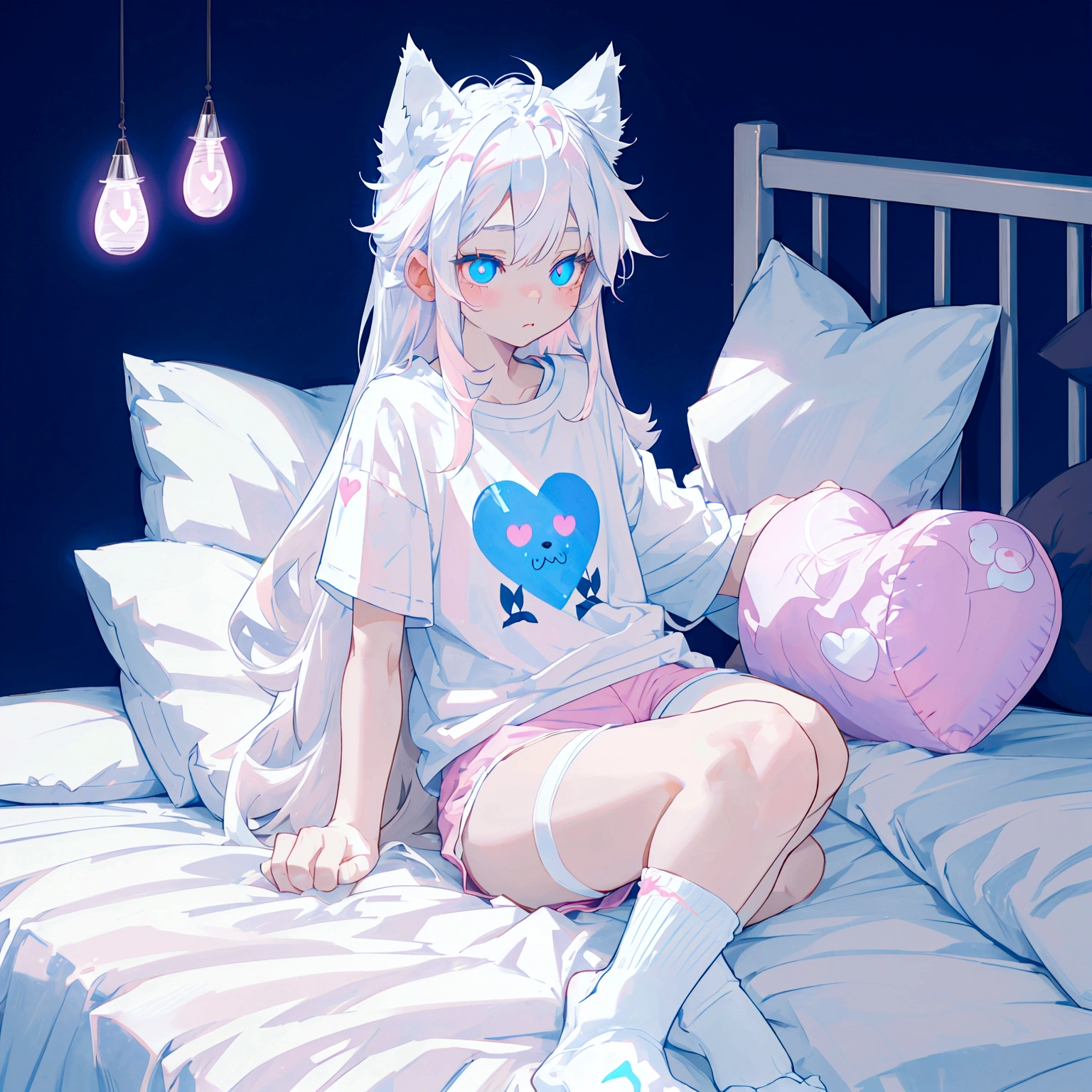 a cute adult male with wolf ears long white hair and a fluffy wolf tail, wearing pink micro shorts and a tight t-shirt with a heart logo on it, has glowing blue eyes, has very squishy thighs, wearing white thigh high socks, kawaii, on bed relaxing surrounded by plushies, solo, alone, (SOLO)(ALONE)