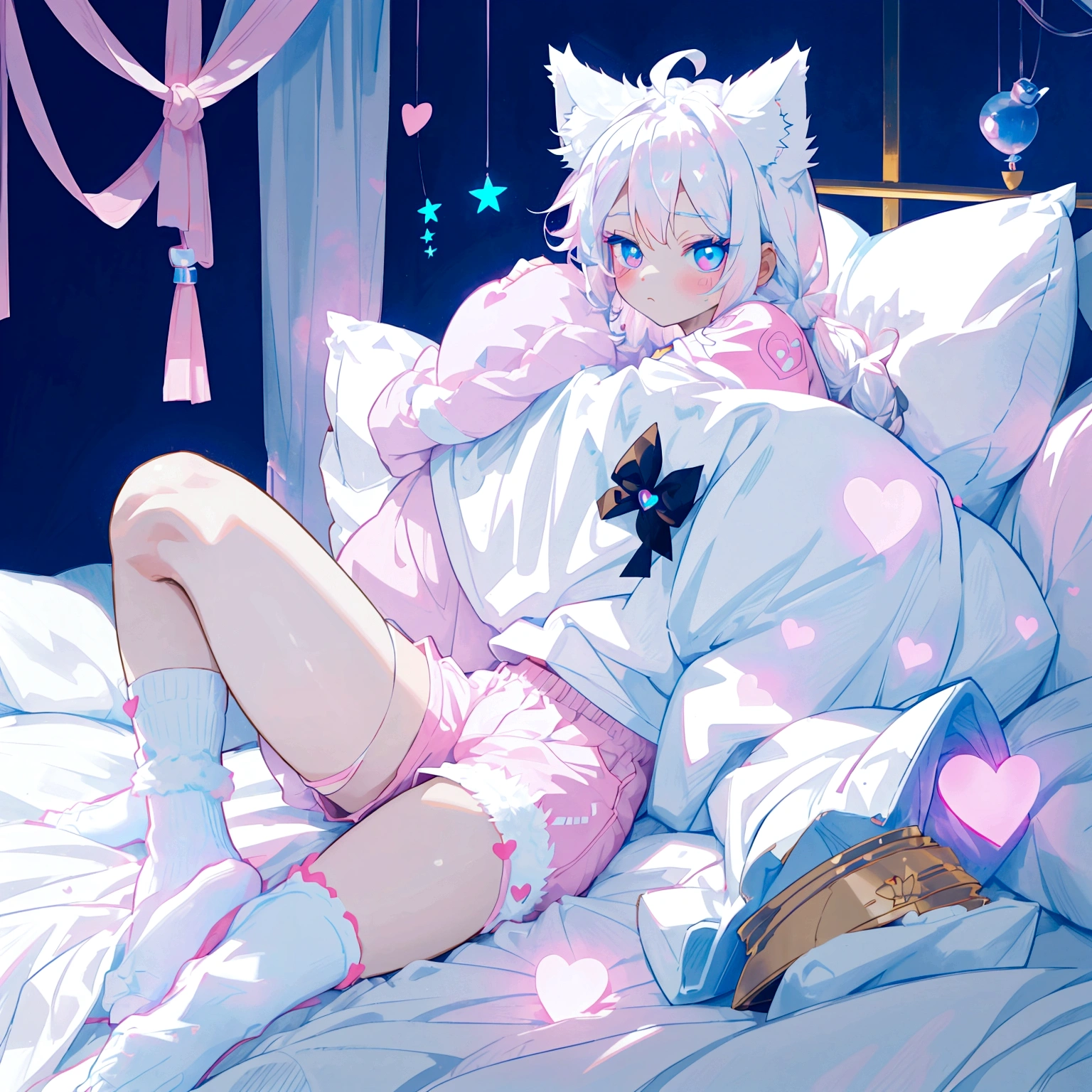 a cute adult male with wolf ears long white hair and a fluffy wolf tail, wearing pink micro shorts and a tight t-shirt with a heart logo on it, has glowing blue eyes, has very squishy thighs, wearing white thigh high socks, kawaii, on bed relaxing surrounded by plushies, solo, alone, (SOLO)(ALONE)