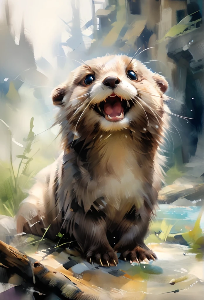 a painting of an otter with its mouth open, popular on art station, laughter and screaming face, the artist has used bright, by Peter Rockwell, digital photo, exaggerated expression, close to the camera, cheerful, whiskers, smiling at the viewer, by Suzy Rice, watercolor, oil and watercolor painting