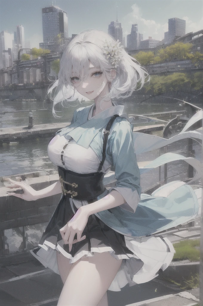 Official Art, Masterpiece, sharp focus, (beautiful beautiful cute korean woman:1.3), (beautiful cute korean:1.3), korean beauty, Hair, delicate and beautiful eyes and face., realist, ultra detailed, beautiful girl, blue sky, bright white particle, (side lighting:1.2), sunlight, White cloud, detailed clouds, slender, Beautiful very large breasts and very large hips., smile with your teeth, ((smile with your eyes, open both eyes)), scenery, Short straight hair, sexy facial expression, building, (urban landscape:1.7), dynamic hair, Short straight hair, Detailed black hair, bright green eyes, (blue pleated shirts + White skirt), long white socks, pale skin, hair ornament, epic scenery,