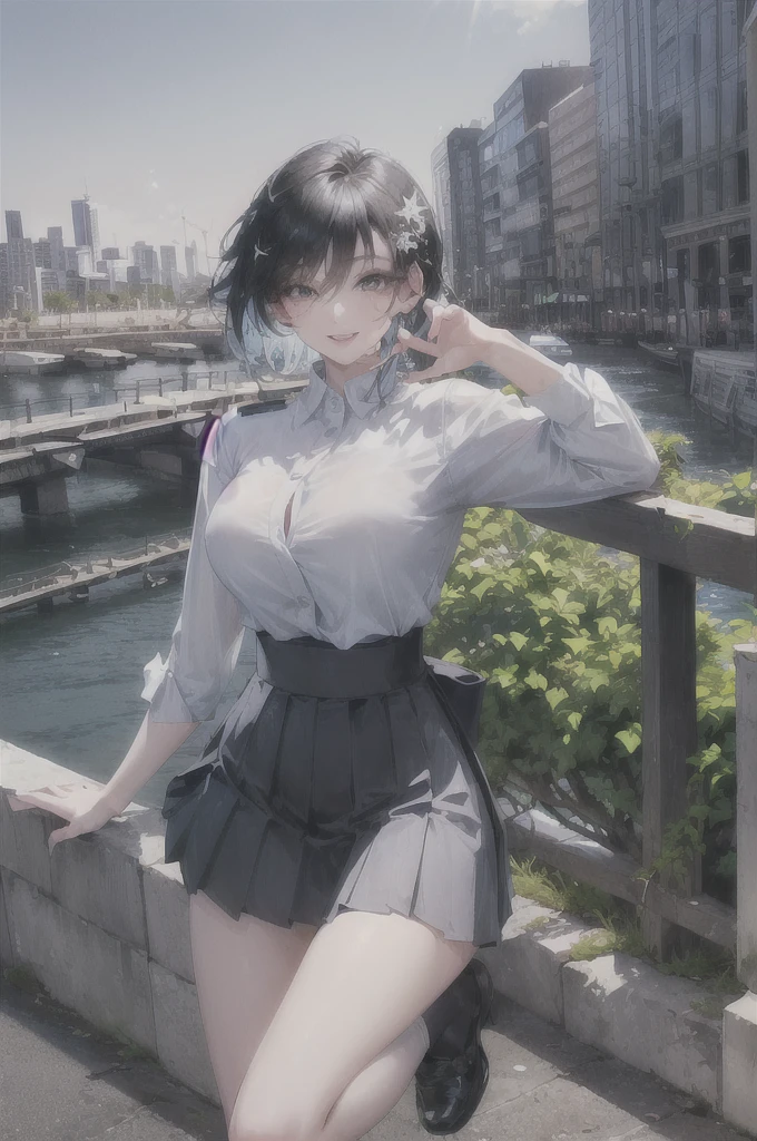 Official Art, Masterpiece, sharp focus, (beautiful beautiful cute korean woman:1.3), (beautiful cute korean:1.3), korean beauty, Hair, delicate and beautiful eyes and face., realist, ultra detailed, beautiful girl, blue sky, bright white particle, (side lighting:1.2), sunlight, White cloud, detailed clouds, slender, Beautiful very large breasts and very large hips., smile with your teeth, ((smile with your eyes, open both eyes)), scenery, Short straight hair, sexy facial expression, building, (urban landscape:1.7), dynamic hair, Short straight hair, Detailed black hair, bright green eyes, (blue pleated shirts + White skirt), long white socks, pale skin, hair ornament, epic scenery,