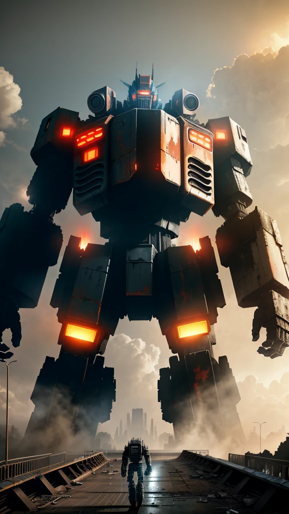 An imposing large mecha, on an abandoned bridge, in the background a post apocalyptic scene, transformers style, 8k image, vfx effects, high detail, focused image, high level of detail, black with red, cinematic scene. Perspective view, fighting scene