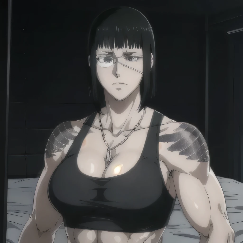 (best quality,ultra-detailed,realistic:1.37),musclaur badass girl with sculpted body have a tattoos ,full review of the female character face and body, intense expression, strong and confident posture, studio lighting, vivid colors, physiologically-based rendering, grungy texture, rugged background, dust particles in the air, commanding presence, professional, powerful, gritty aesthetics,Valmet،short hair,necklace,eyepatch,handsome look,gym,Body lifting,Valmet prime muscles,fighting pose,wearing black sport tank top and black gym short,Shining muscles,veins in muscles,1girl,six-pack,arena training,perfect muscles,1girl,bedroom,lying on bed,sleeping