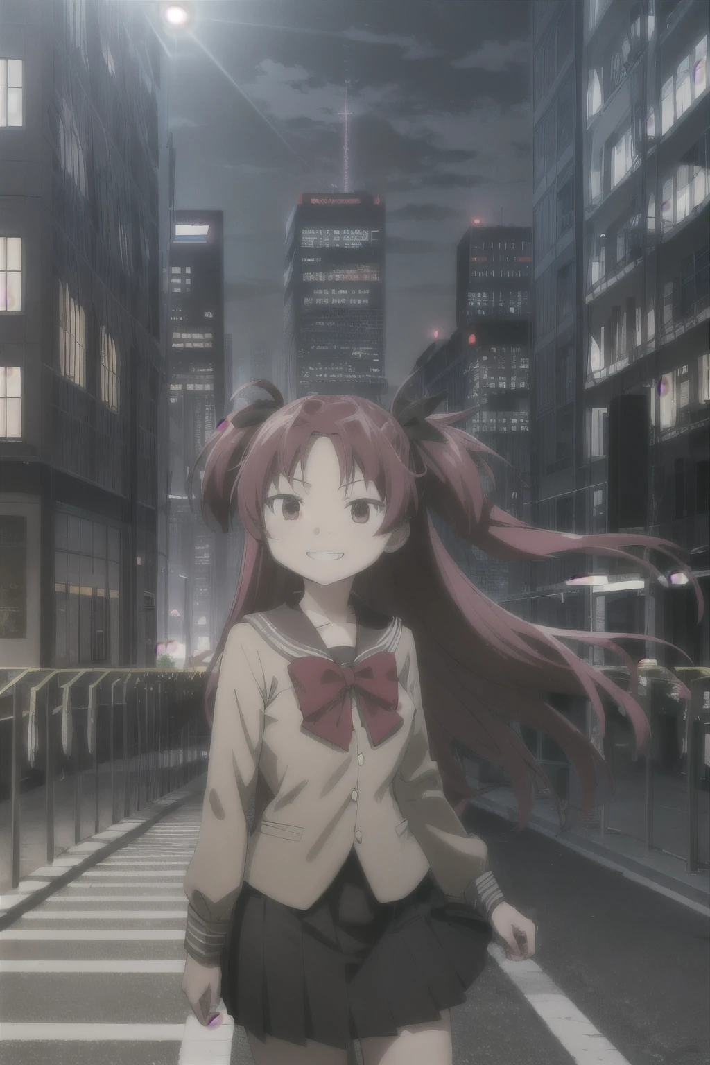 aaikuyo, long hair, one side up, , sailor collar, red bowtie, (brown shirt:1.2), buttons, long sleeves, pleated skirt, black skirt, A city scape, face of happiness, smile mouth