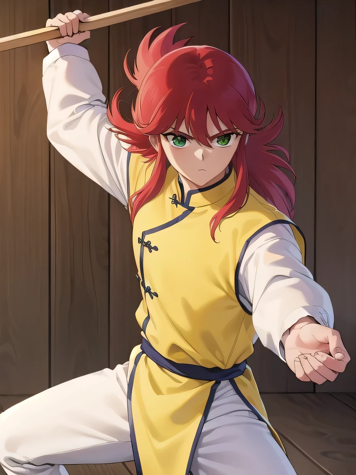 kurama, kurama, long hair, red hair, bangs, (green eyes:1.5), (retro artstyle:1.5), 1990s \(style\),
BREAK long sleeves, pants, chinese clothes, white pants, (yellow shirt:1.5), (white sleeves:1.5), (pelvic curtain:1.2), sash, sleeveless shirt, (((wood background)))
BREAK looking at viewer, cowboy shot, (((martial art))),
BREAK (masterpiece:1.2), best quality, high resolution, unity 8k wallpaper, (illustration:0.8), (beautiful detailed eyes:1.6), extremely detailed face, perfect lighting, extremely detailed CG, (perfect hands, perfect anatomy),