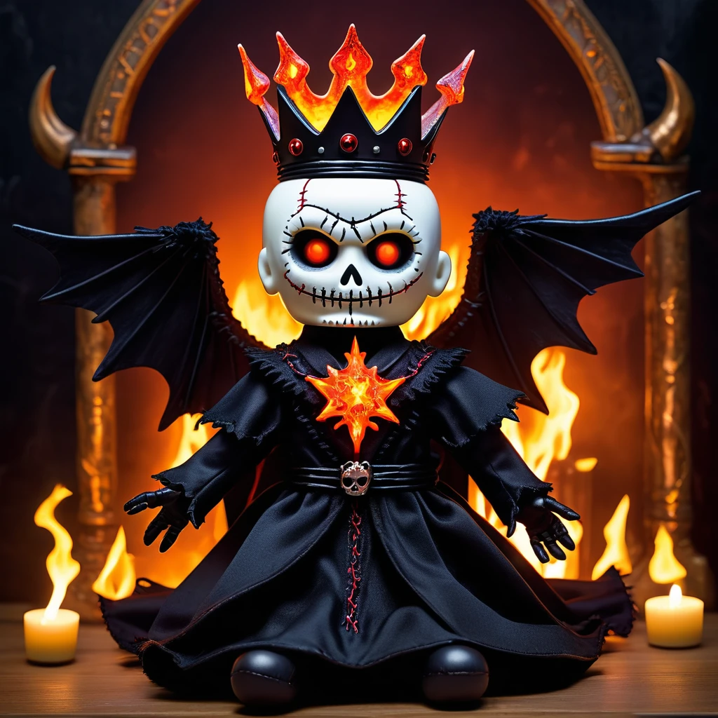 (knitted toy voodoo doll:1.2), (Voodoo Lucifer:1.3), (Clothing: elegant dark robes with fiery accents:1.0), (Accessories: enchanted trident, glowing crown of flames, magical infernal wings:1.2), (background: gothic infernal throne room with floating embers, glowing hellfire, and mystical shadows:1.2), best quality, masterpiece, detailed soft oil painting, detailed background, dramatic cinematic lighting, soft edge lighting, professional, dramatic lighting, hard edge lighting, ultra quality, 4k, masterpiece, best quality, 8k, ultra high definition, high resolution, extremely detailed