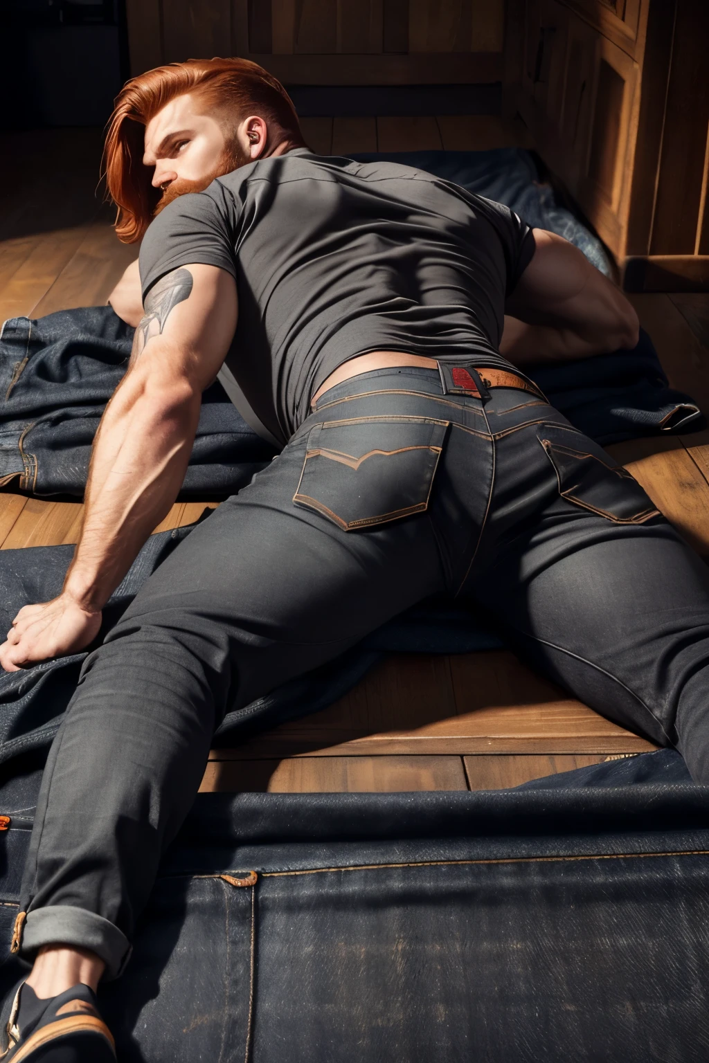 Masterpiece, Best Quality, Ultra-Detailed, muscular, bearded, Intimidating presence, male figure,[imposing shadows],gritty realism, red hair, ginger hair and beard, bright colors, distinctive beard style,  (((dark gray jeans)))  (((Lay down))) lying  (((backside)))