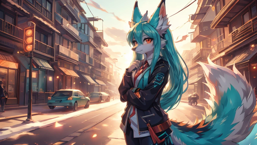 anime girl,tennage girl 18 years old, anime style, cute hatsune miku x white kitsune, shy girl , kitsune ears, dark natasha art, city landscape, art by vixen aztra, full body high definition in details the best image quality, add_detail:1 kitsune in hells add_detail:1