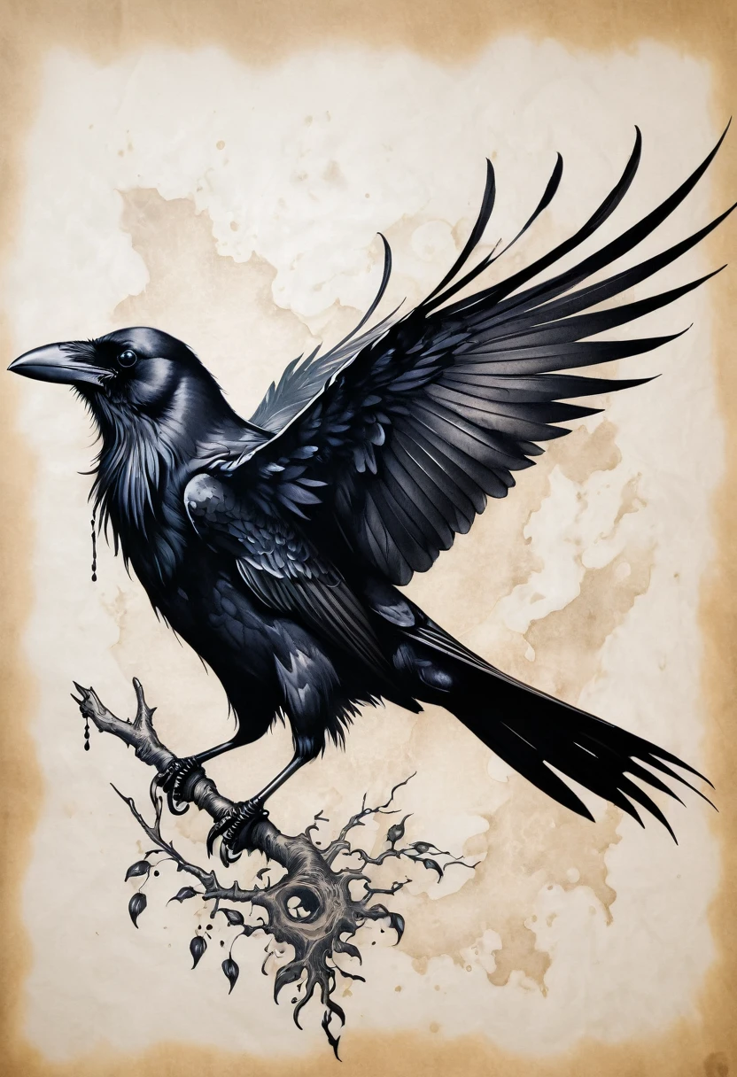 Ink and black illustration on parchment. Crow with closed wing. tattoo's. Gothic aesthetic. agressive.