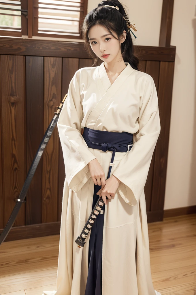 (((best quality))),(((ultra detailed))),(((masterpiece))),illustration,1girl,solo,short ponytail,slim,thin,small breasts,flat chest,white collar,white kendogi,three-quarter sleeves,maxi navy-blue kendo hakama,slender legs,standing in kendodo gym,(holding a wooden samurai katana in hand:1.3),arms behind back,focused and determined expression,ready for challenge,slender and elegant face,confident and resilient,fair skin,blush,neat teeth,bright smile,clean and tidy uniform,wooden gym floor,wall,pine scent,standard grip,ready to slice through obstacles,strong belief,determination,spirit of resilience,admiring,from front,full body,bare feet