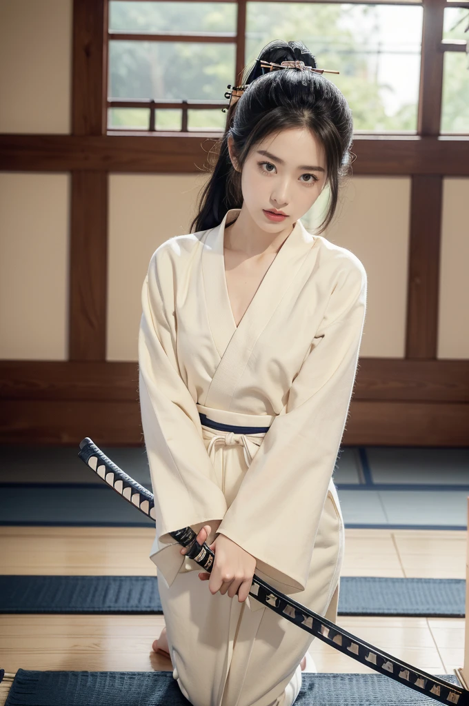 (((best quality))),(((ultra detailed))),(((masterpiece))),illustration,1girl,solo,short ponytail,slim,thin,small breasts,flat chest,white collar,white kendogi,three-quarter sleeves,maxi navy-blue kendo hakama,slender legs,standing in kendodo gym,(holding a wooden samurai katana in hand:1.3),arms behind back,focused and determined expression,ready for challenge,slender and elegant face,confident and resilient,fair skin,blush,neat teeth,bright smile,clean and tidy uniform,wooden gym floor,wall,pine scent,standard grip,ready to slice through obstacles,strong belief,determination,spirit of resilience,admiring,from front,full body,bare feet