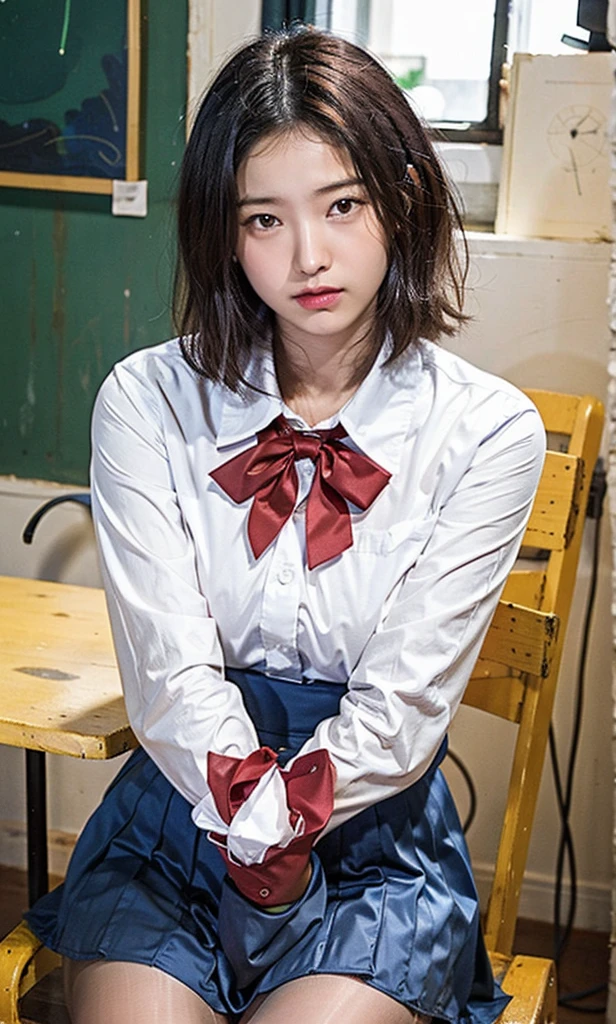ulzzang-6500-v1.1, (RAW PHOTO:1.2), (photot-REALISTIC,:1.4), beautiful detailed girls, highly detailed eyes and faces, Beautiful Detailed Eyes, s ridiculous, unbelievably ridiculous, Huge File Size, Super Detailed, highres, very detail, sthe highest qualit, Master peace、, Kemomimi, ((Japanes girl' high school uniform)), An illustration, very detail, UHQ, unification, 8k wallpaper, splendid, Fine details, Master peace、, sthe highest qualit, very detailなUHQユニフォーム8k wallpaper, Light on the face、Movie lighting、16-year-old girl、((witheout panties))、((dynamic posing)))、(camel toes)、(Half)、(pantyhose、、、、)、(Sitting on legs bending the knees))、short haired、ple short hair、long neck、Put your ears out、bangs、bigger eyes、Lashes、a Pretty、Very cute