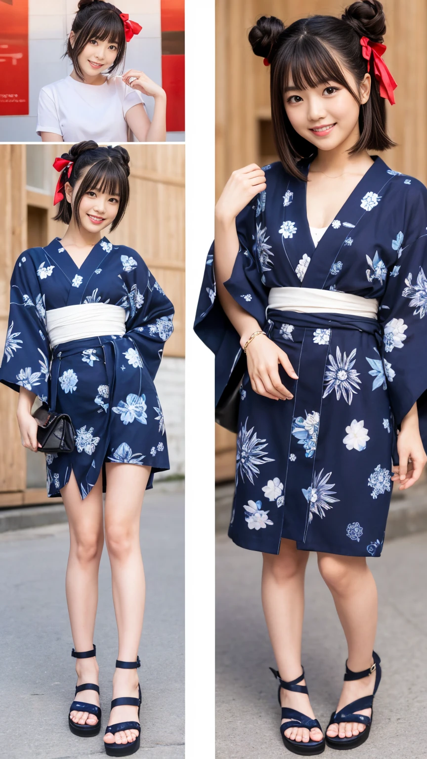 ((masterpiece)),(((Highest quality))),((Character design sheet)),Long legs,A Japanese yukata with a flashy pattern that combines light blue and navy blue:1.5，Stylish sandals:1.5，The best smile:1.5，Full Body Shot:1.5，Night fireworks background:1.5，Flashy makeup with red eyeshadow:1.5，Bun Hair:1.5，Tuck up your yukata:1.5，Bangs:1.5，